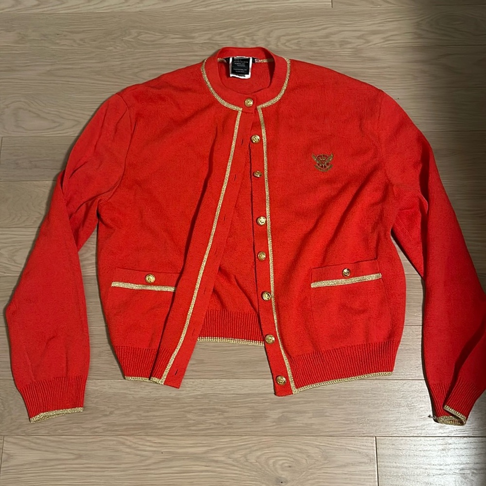 Red Cardigan with Gold Accents